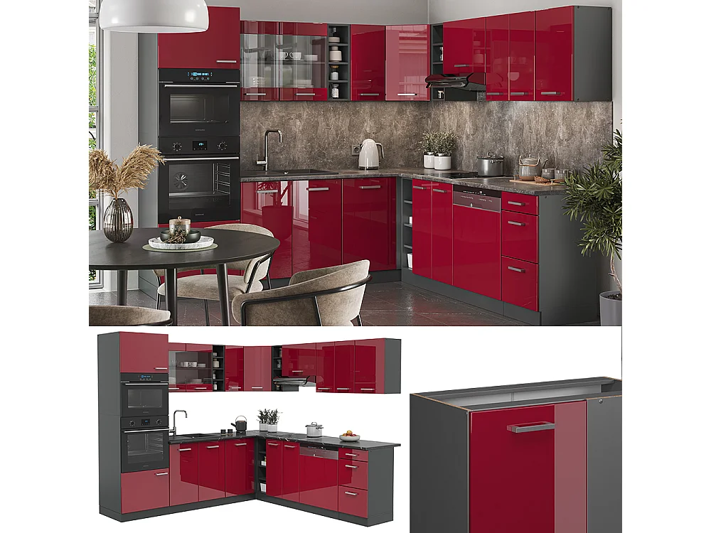 Cocina esquinera rojo brillo intenso/antracita 247x46x81.6 r-line