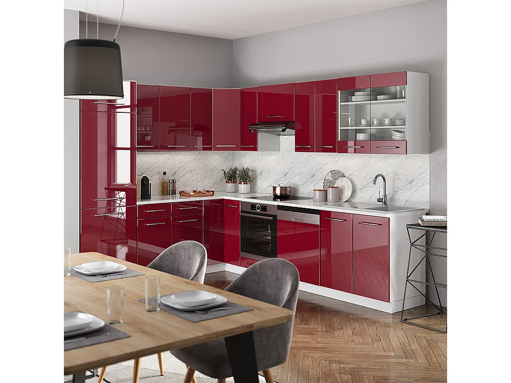 Cucina angolare completa bordeaux lucido/bianco 287x60x81.6 fame-line