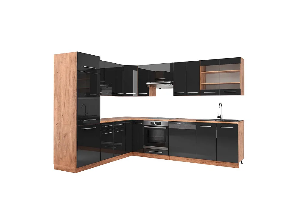 Hjørnekøkken antracit højglans/guld power oak 227x60x81.6 fame-line