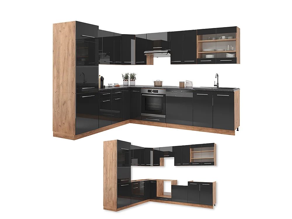 Hjørnekøkken antracit højglans/guld power oak 227x60x81.6 fame-line