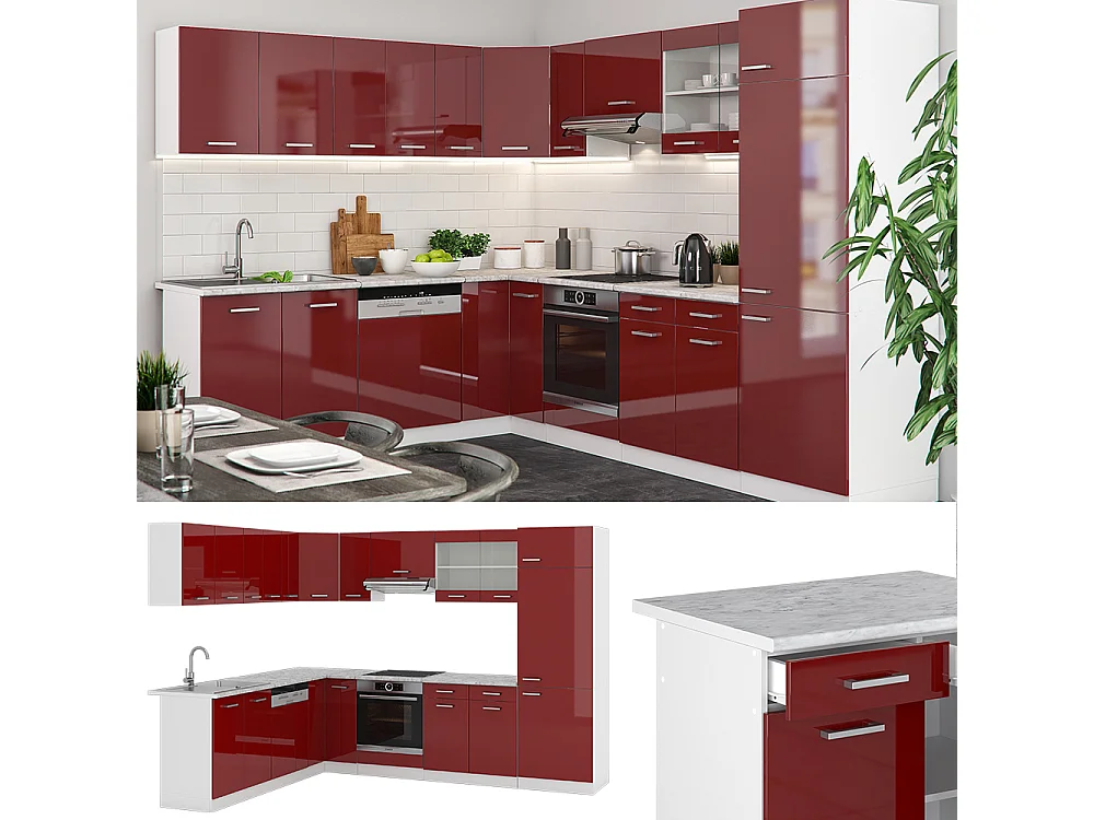 Cuisine en angle rouge brillant/blanc 287x60x81.6 r-line