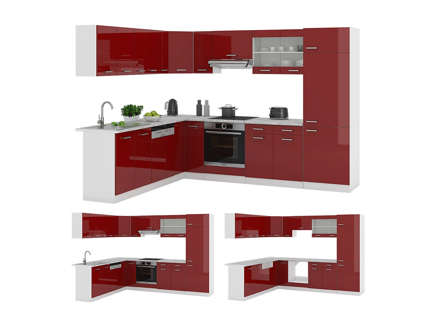 Cuisine en angle rouge brillant/blanc 287x60x81.6 r-line