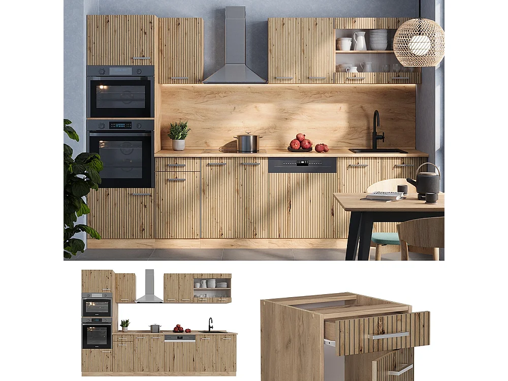 Complete keukeneenheid artisanaal eiken/goudkraft eiken 300x46x81.6 r-line