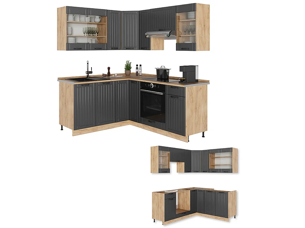 Cuisine en angle gris foncé/chêne de force doré 190x60x81.6 fame-line
