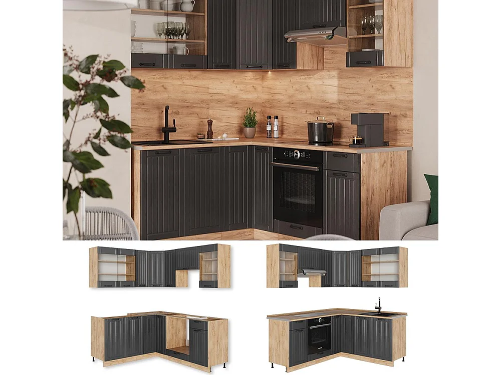 Cuisine en angle gris foncé/chêne de force doré 190x60x81.6 fame-line