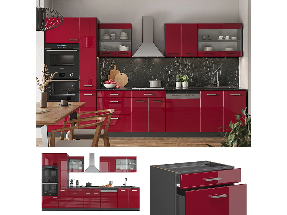 Cucina componibile rosso lucido/antracite 350x46x81.6 r-line