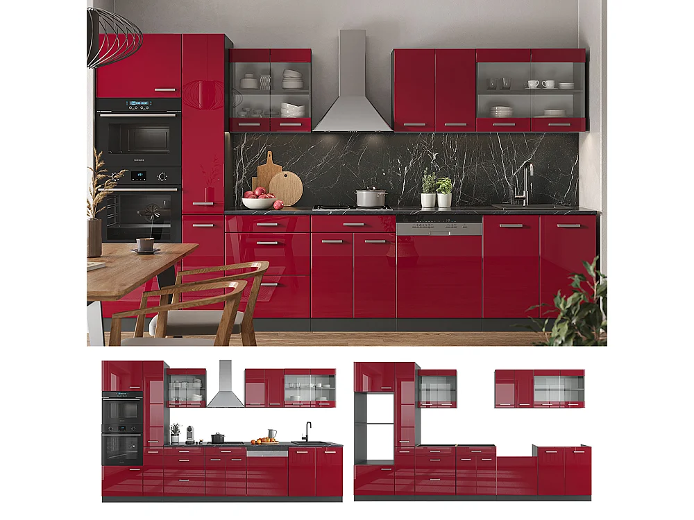 Cucina componibile rosso lucido/antracite 350x46x81.6 r-line
