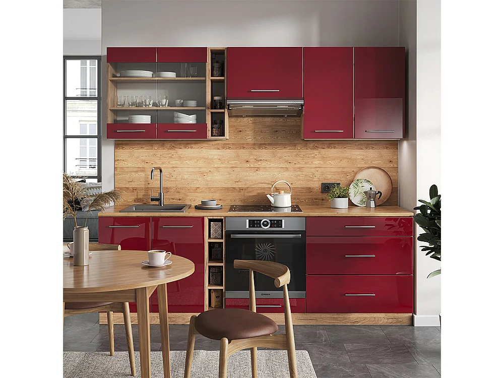 Mueble de cocina burdeos brillo intenso/roble dorado 235x46x81.6 fame-line