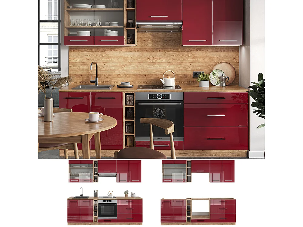 Mueble de cocina burdeos brillo intenso/roble dorado 235x46x81.6 fame-line
