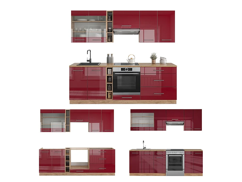 Mueble de cocina burdeos brillo intenso/roble dorado 235x46x81.6 fame-line
