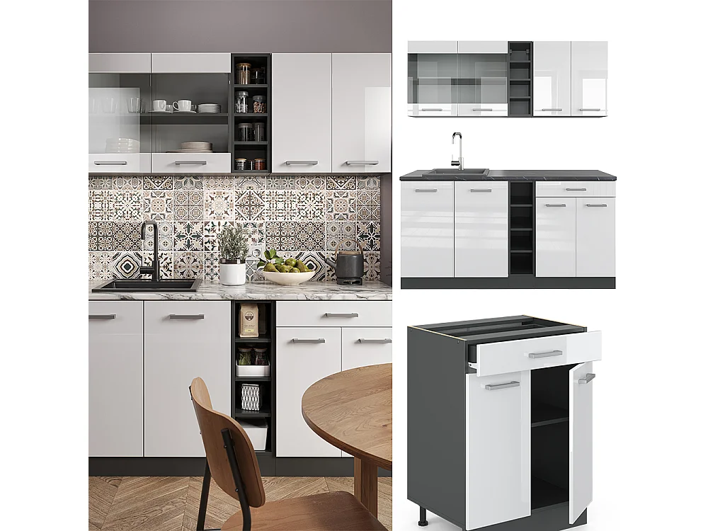 Cuisine blanc brillant/anthracite 160x46x81.6 r-line