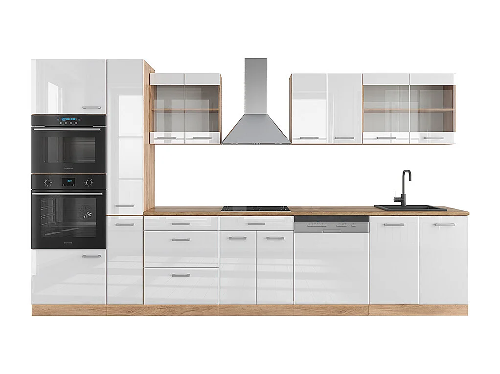 Kitchenette blanc brillant/chêne doré 350x60x81.6 r-line