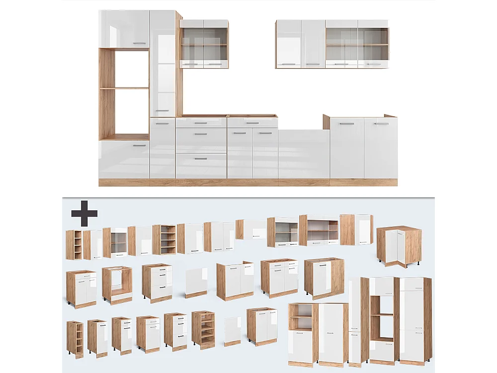 Kitchenette blanc brillant/chêne doré 350x60x81.6 r-line