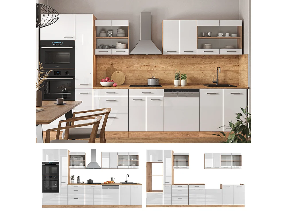 Kitchenette blanc brillant/chêne doré 350x60x81.6 r-line