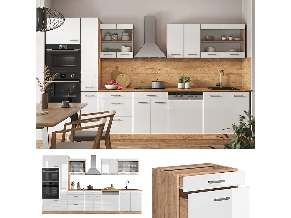 Kitchenette blanc brillant/chêne doré 350x60x81.6 r-line
