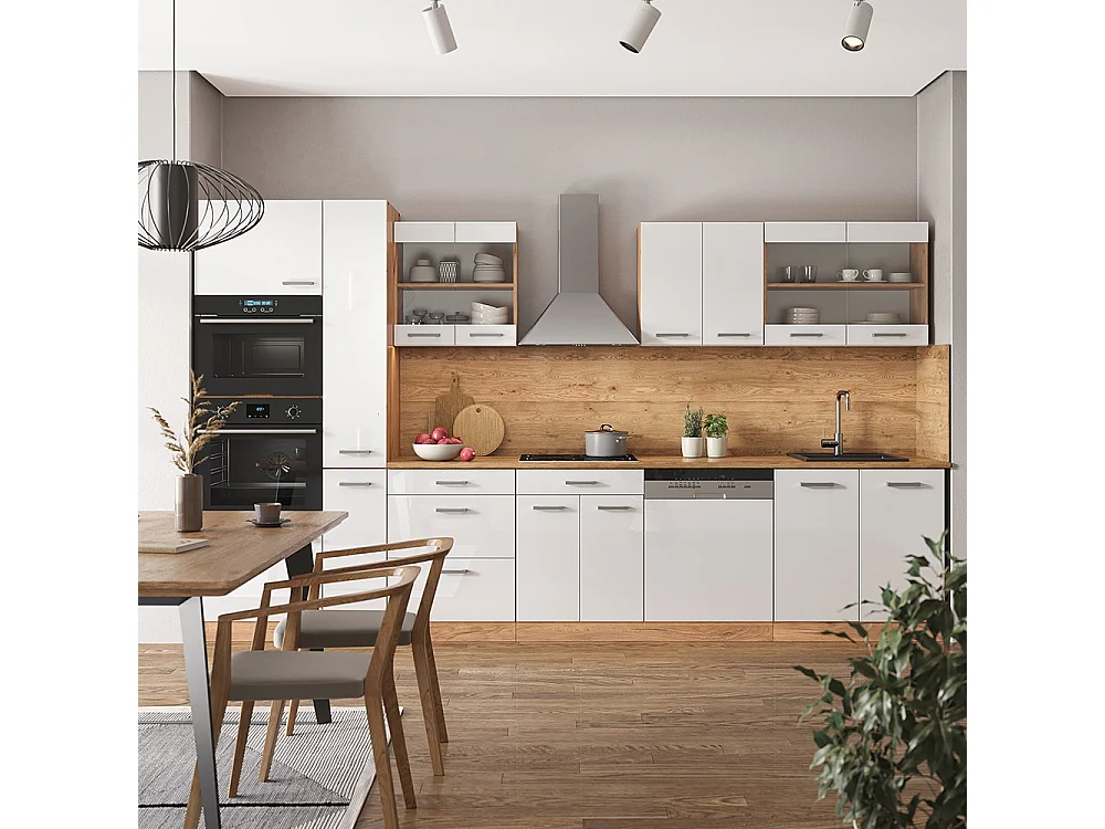 Kitchenette blanc brillant/chêne doré 350x60x81.6 r-line