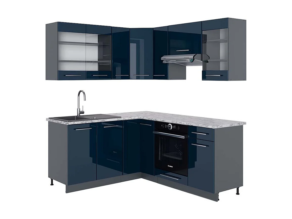 Cocina esquinera azul oscuro alto brillo/antracita 190x60x81.6 fame-line