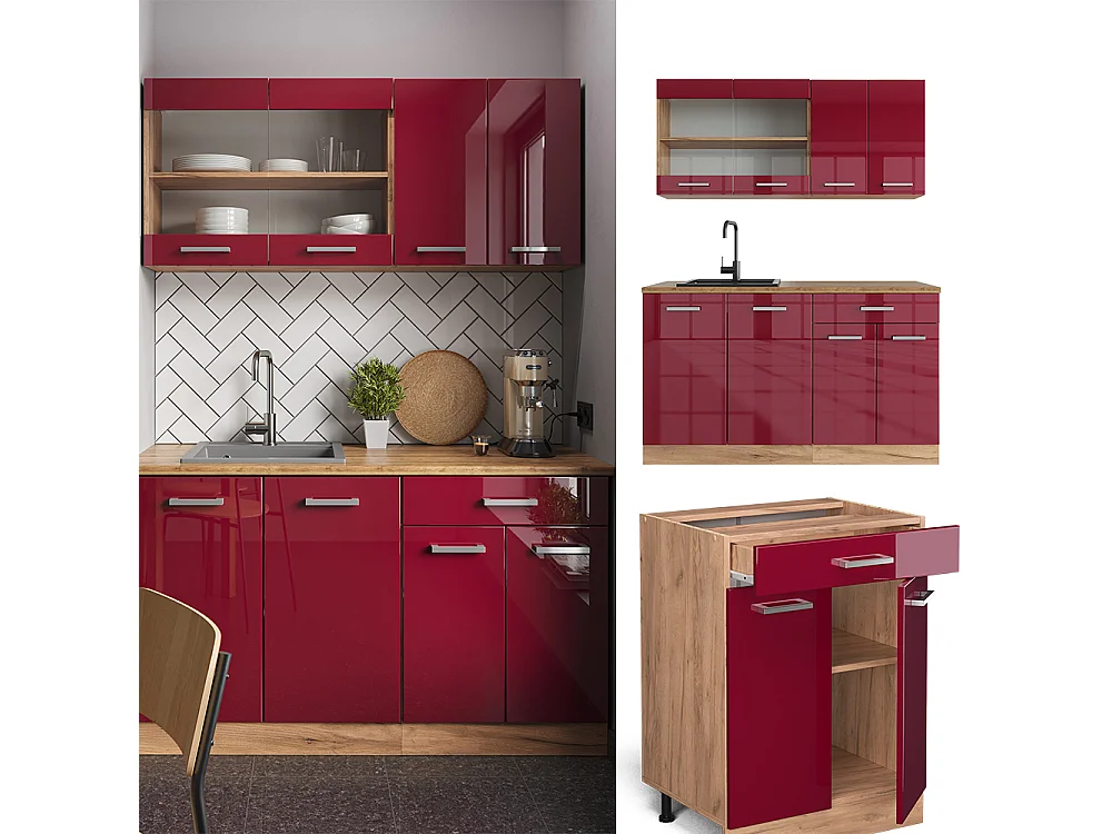 Cucina completa rosso lucido/rovere dorato 140x46x81.6 r-line