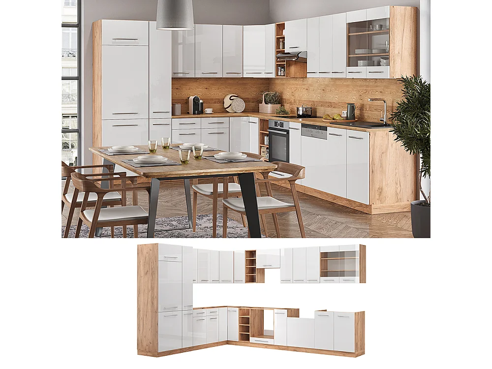 Cuisine en angle blanc brillant/chêne doré 347x46x81.6 fame-line