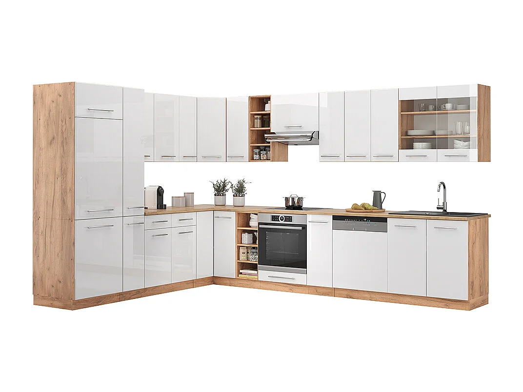 Cuisine en angle blanc brillant/chêne doré 347x46x81.6 fame-line