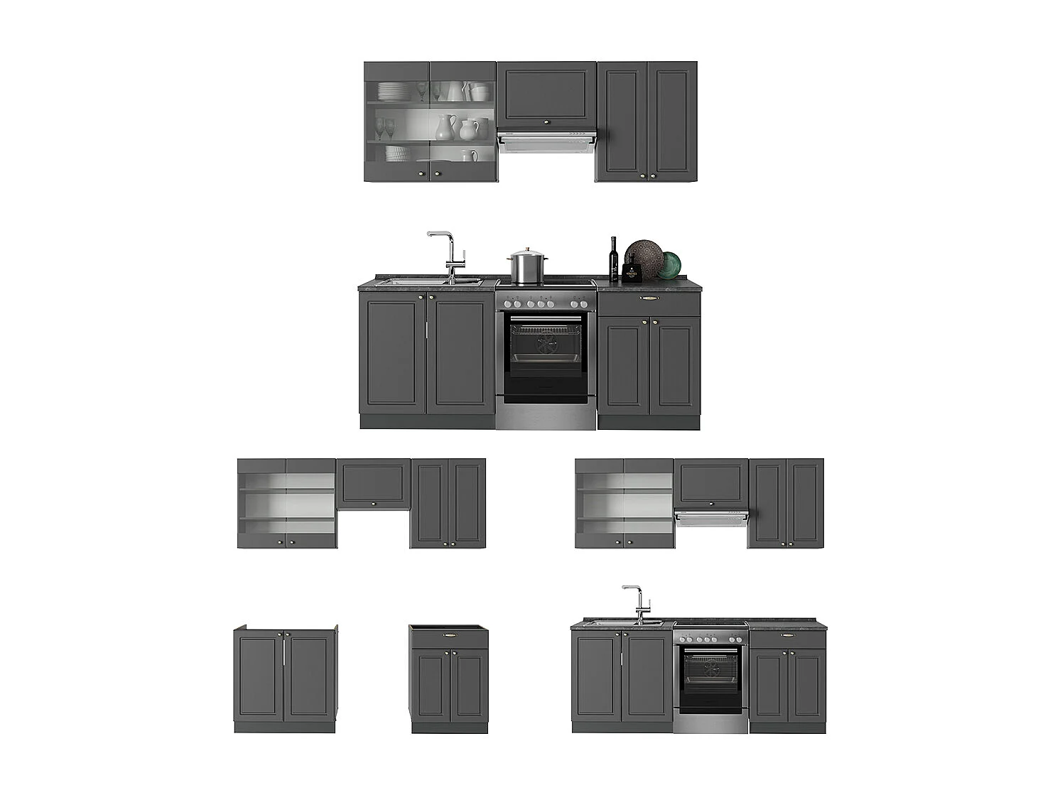 Mueble de cocina antracita-oro landhaus 200x46x81.6 fame-line