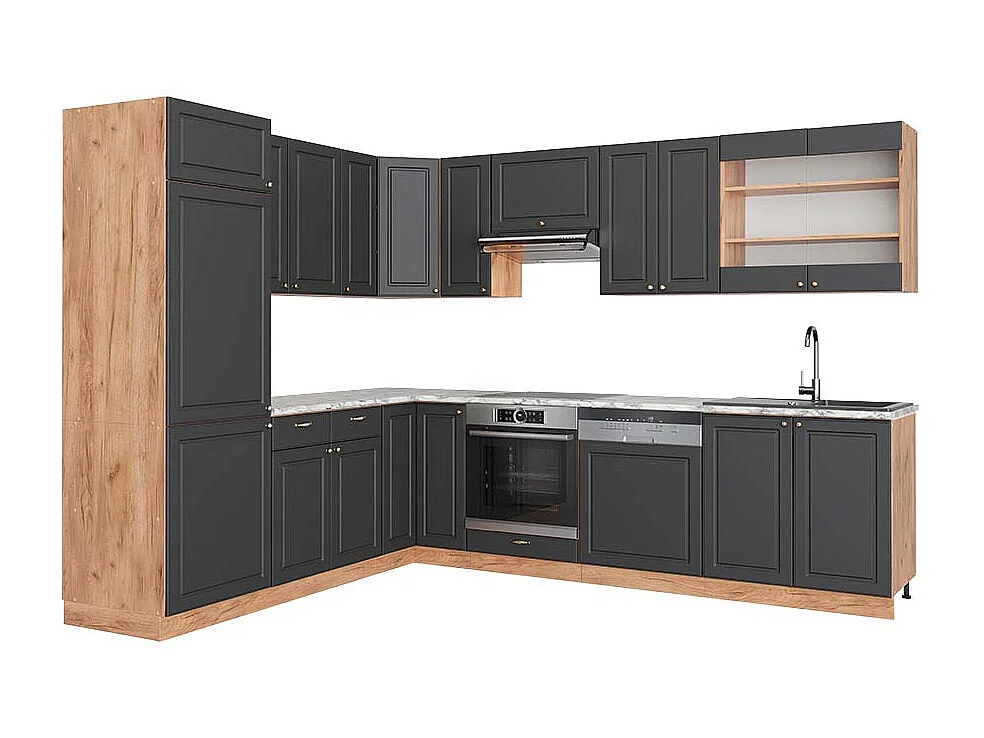 Hoekkeuken antraciet landhuis/goud kraft eik 227x60x81.6 fame-line
