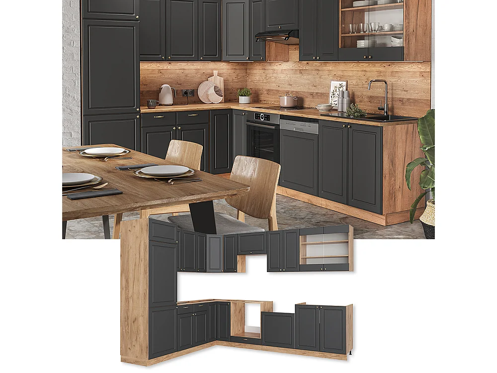 Hoekkeuken antraciet landhuis/goud kraft eik 227x60x81.6 fame-line