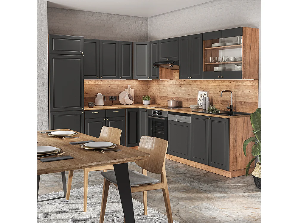 Hoekkeuken antraciet landhuis/goud kraft eik 227x60x81.6 fame-line