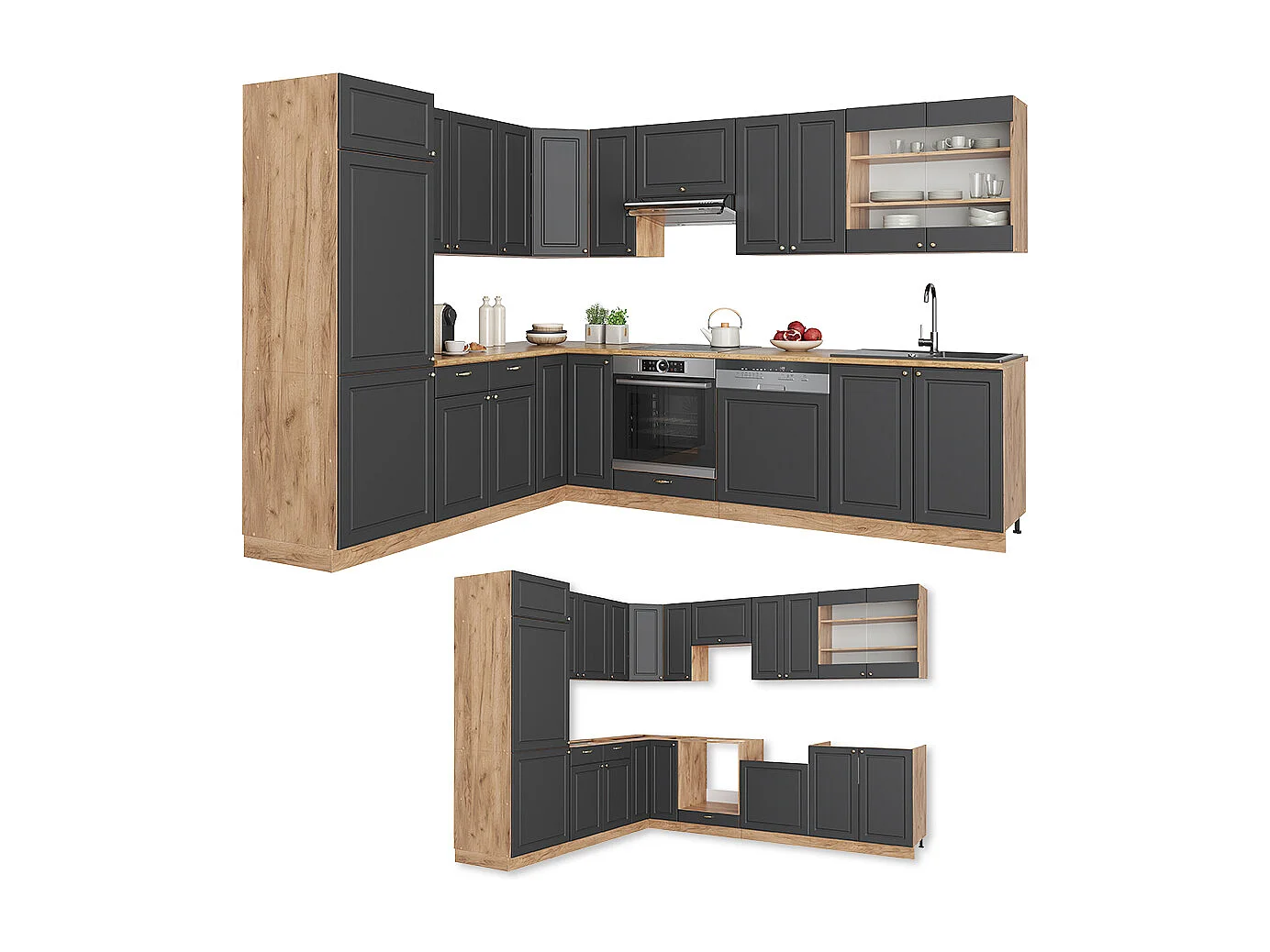 Hoekkeuken antraciet landhuis/goud kraft eik 227x60x81.6 fame-line