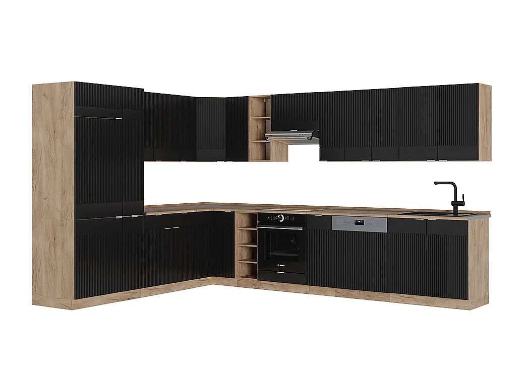 Cuisine en angle noir rayé/chêne doré 347x60x81.6 fame-line