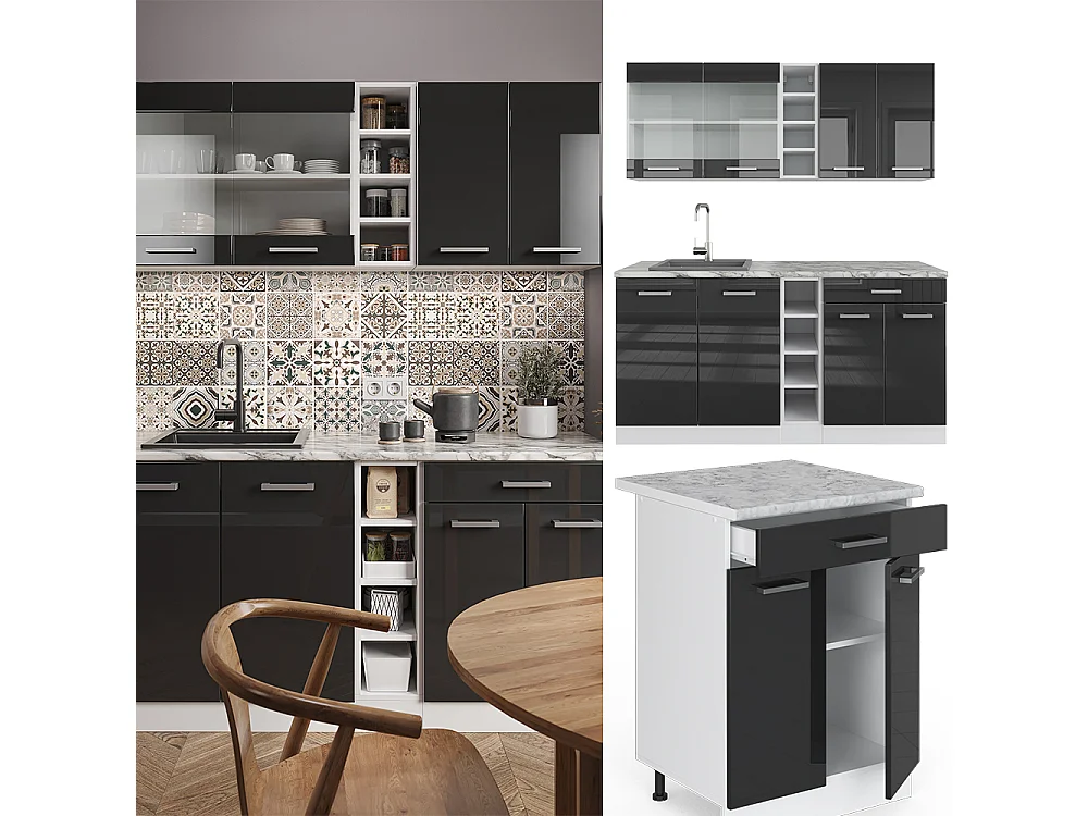 Cuisine anthracite brillant/blanc 160x60x81.6 r-line