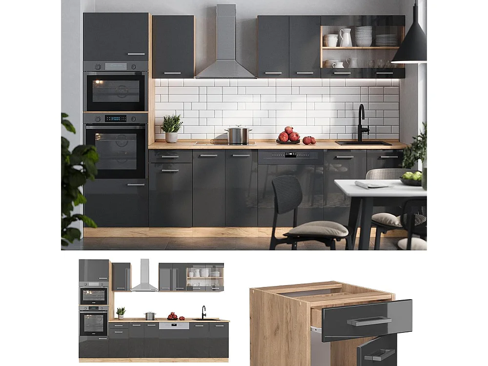 Complete keukeneenheid antraciet hoogglans/goud eiken 300x60x81.6 r-line