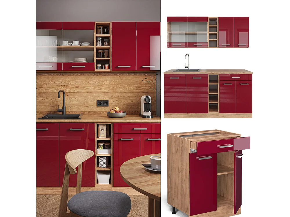 Cocina versátil rojo brillo intenso/roble dorado 160x60x81.6 r-line
