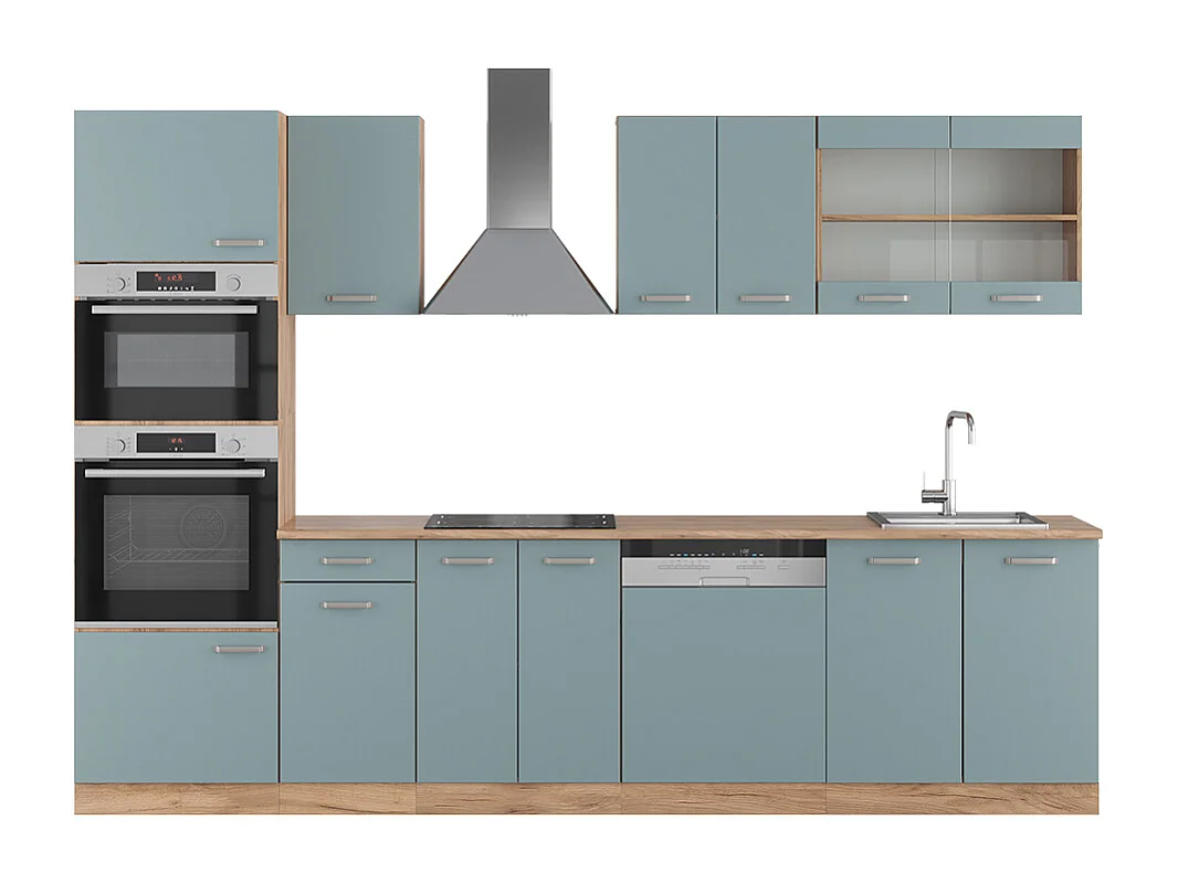 Küchenzeile blau-grau/goldkraft eiche 300x60x81.6 r-line