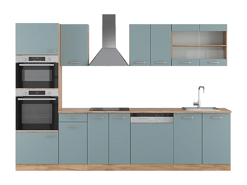 Küchenzeile blau-grau/goldkraft eiche 300x60x81.6 r-line