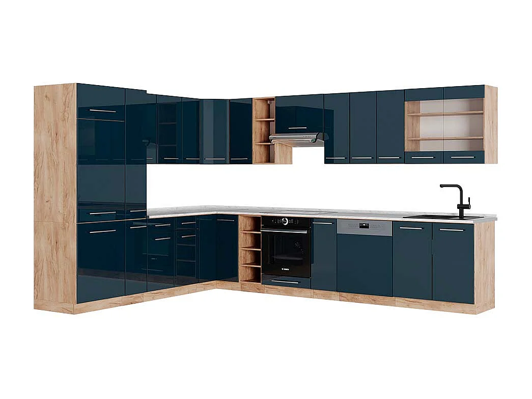 Cocina esquinera azul oscuro alto brillo/roble dorado 347x60x81.6 fame-line