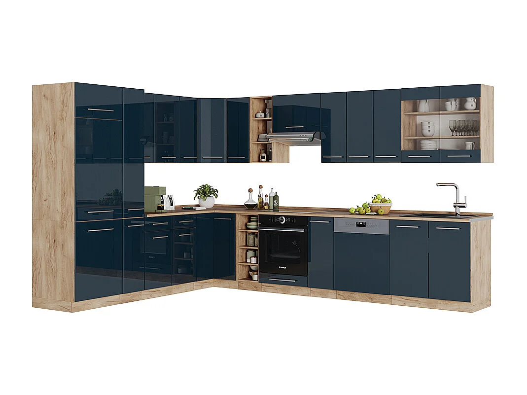 Cocina esquinera azul oscuro alto brillo/roble dorado 347x60x81.6 fame-line