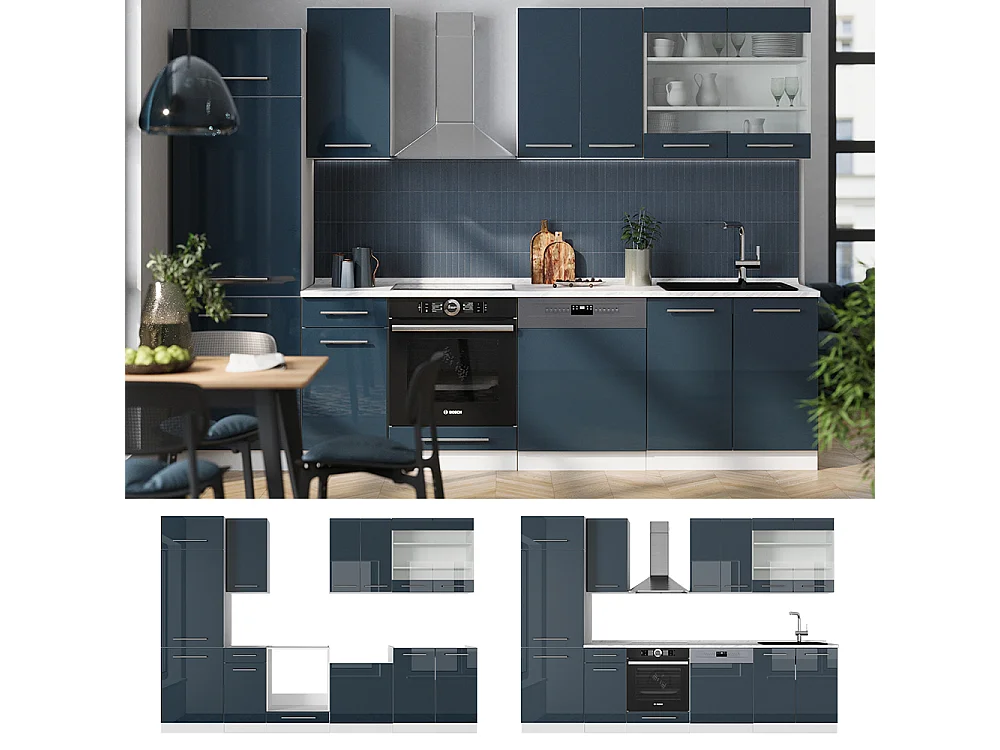 Küchenzeile dunkelblau hochglanz/weiß 300x46x81.6 fame-line