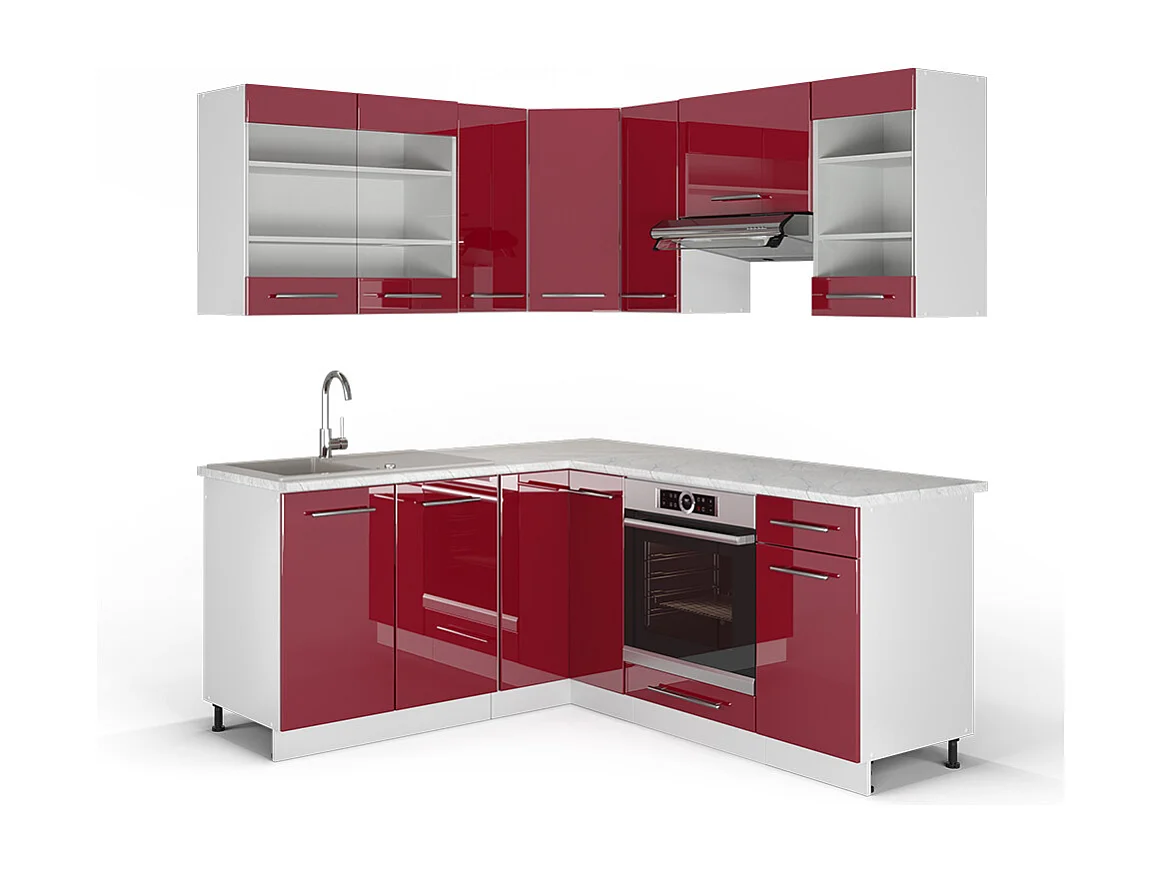 Cuisine en angle bordeaux haute brillance/blanc 190x46x81.6 fame-line