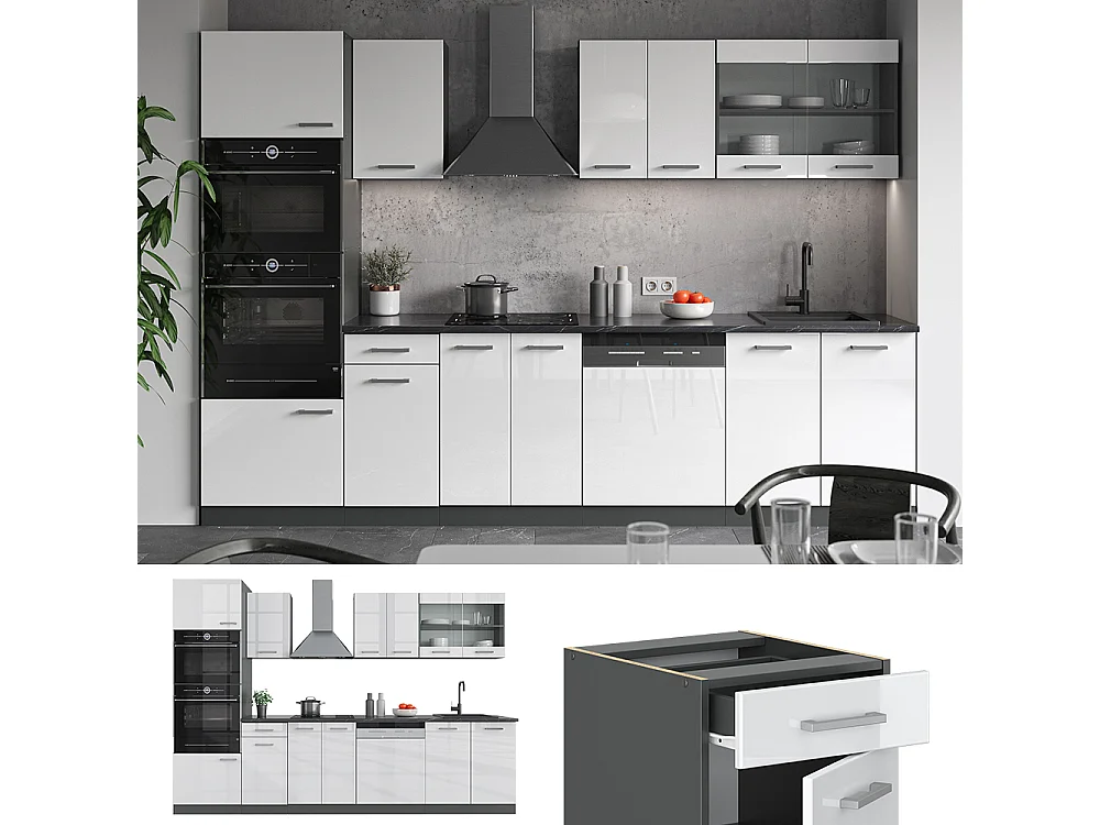 Mueble de cocina blanco brillo/antracita 300x46x81.6 r-line