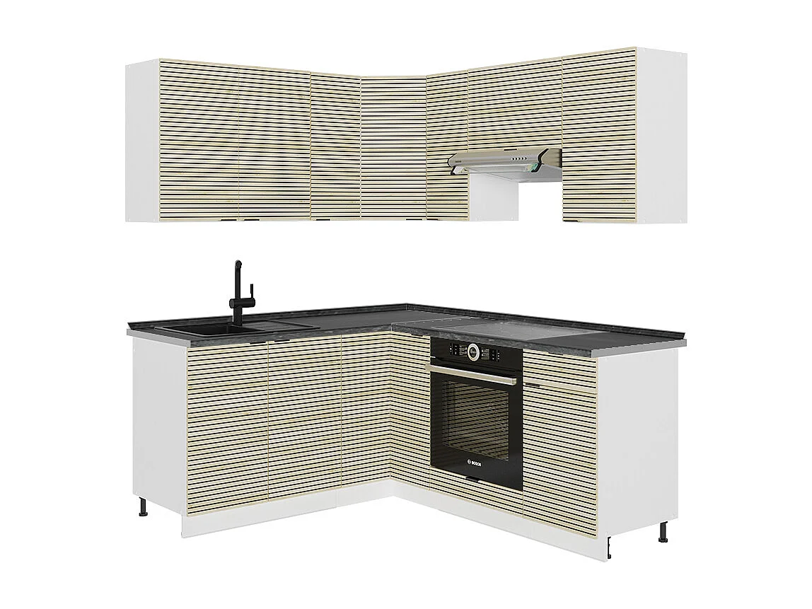 Cuisine en angle chêne lambris/blanc 190x60x81.6 fame-line