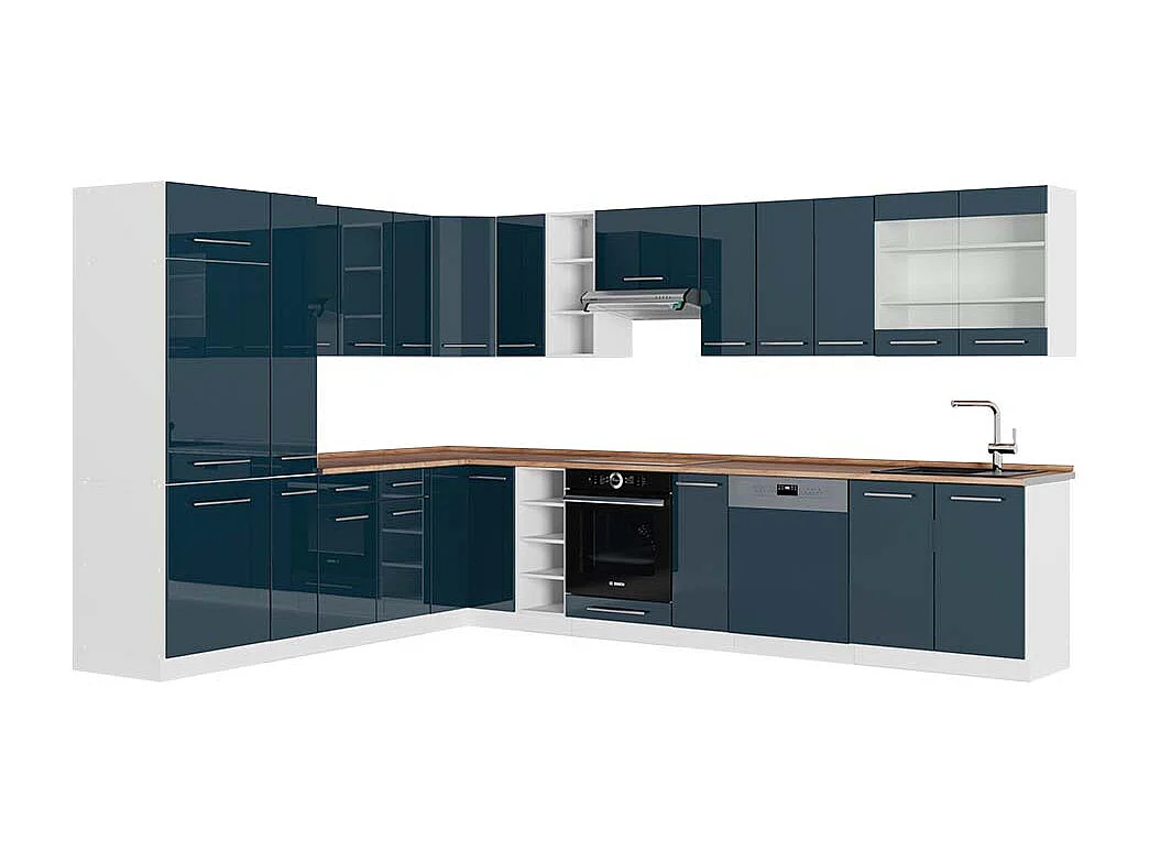 Cuisine en angle bleu foncé brillant/blanc 347x60x81.6 fame-line
