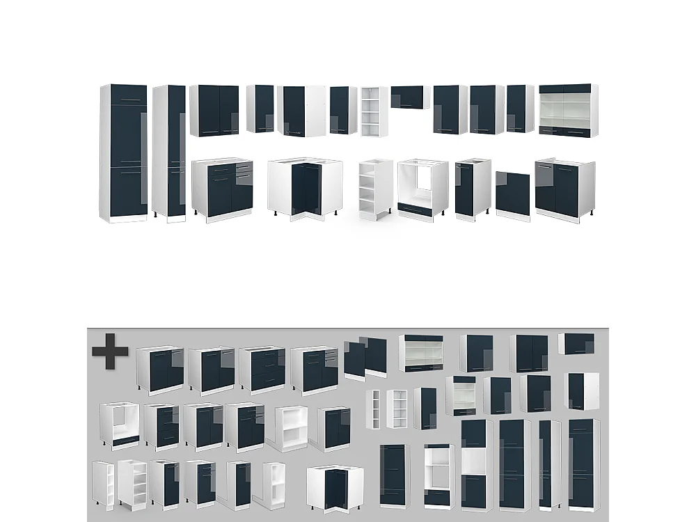 Cuisine en angle bleu foncé brillant/blanc 347x60x81.6 fame-line