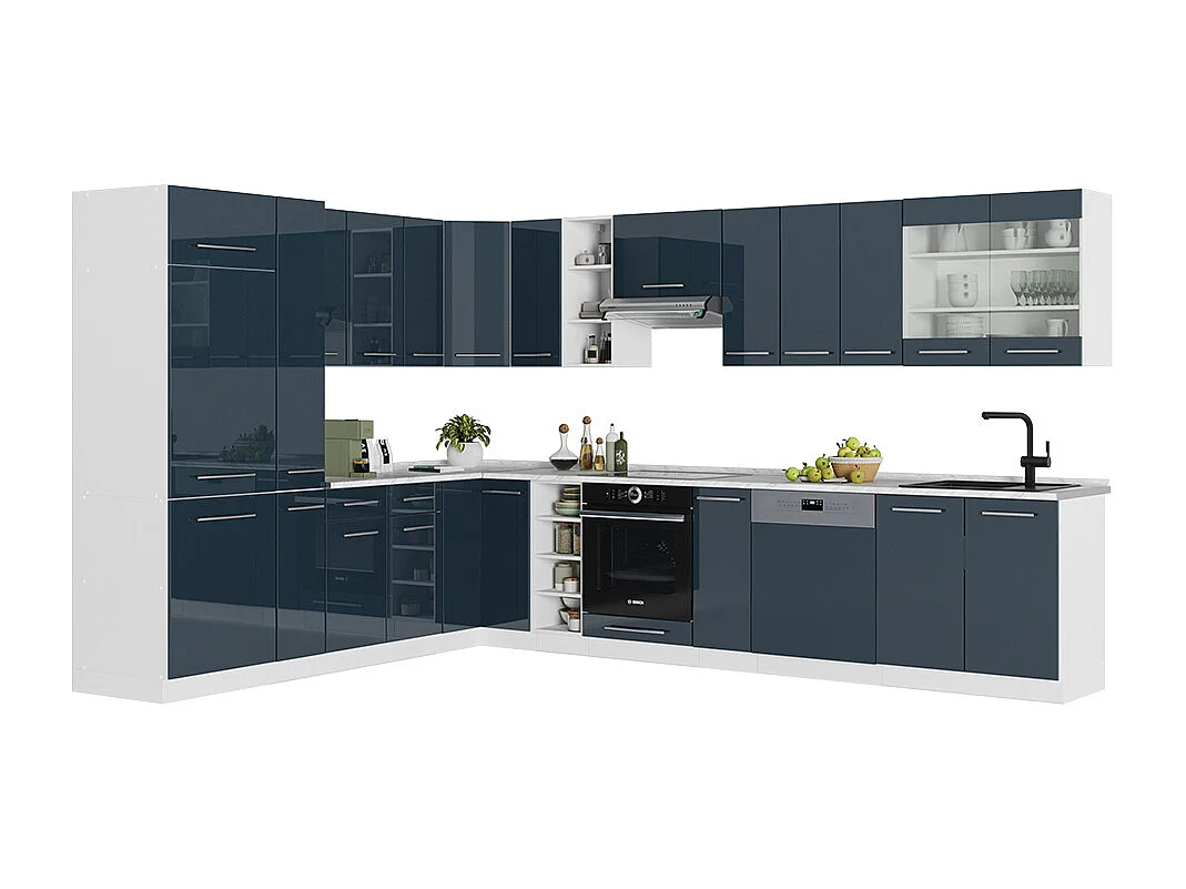 Cuisine en angle bleu foncé brillant/blanc 347x60x81.6 fame-line