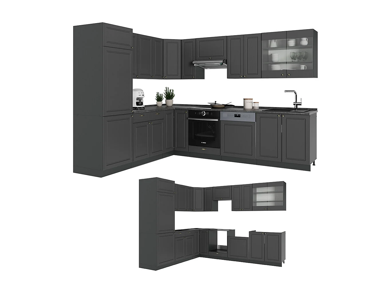 Cucina angolare completa Antracite-oro rustico 287x60x81.6 fame-line