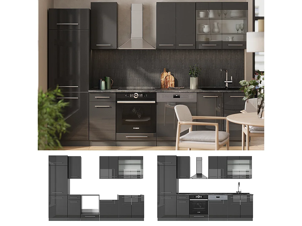 Mueble de cocina antracita alto brillo 300x60x81.6 fame-line