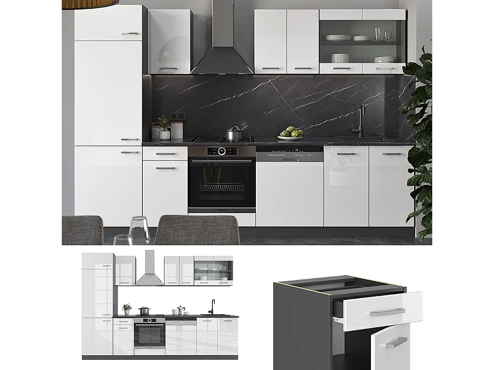 Cuisine blanc brillant/anthracite 300x60x81.6 r-line