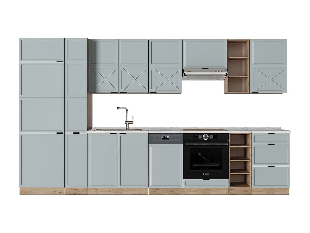 Køkkenrække lys blågrå/gylden eg 355x60x81.6 fame-line