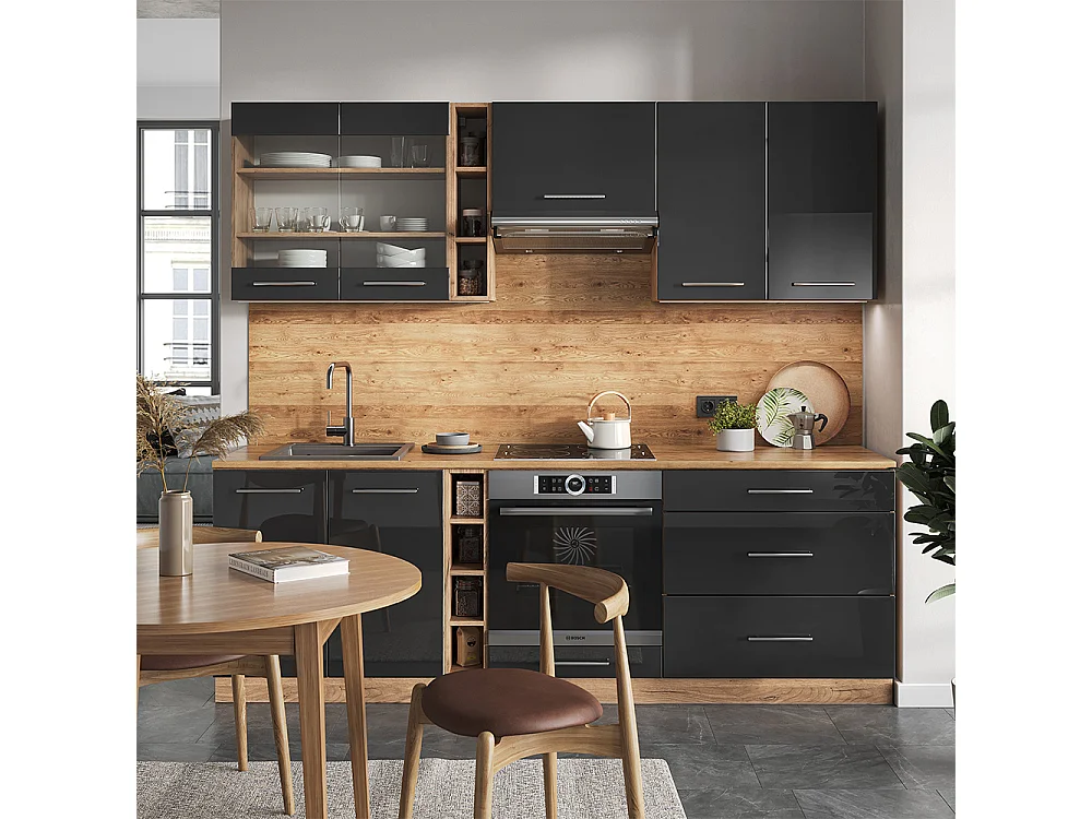 Køkkenrække antracit højglans/guld power oak 235x60x81.6 fame-line