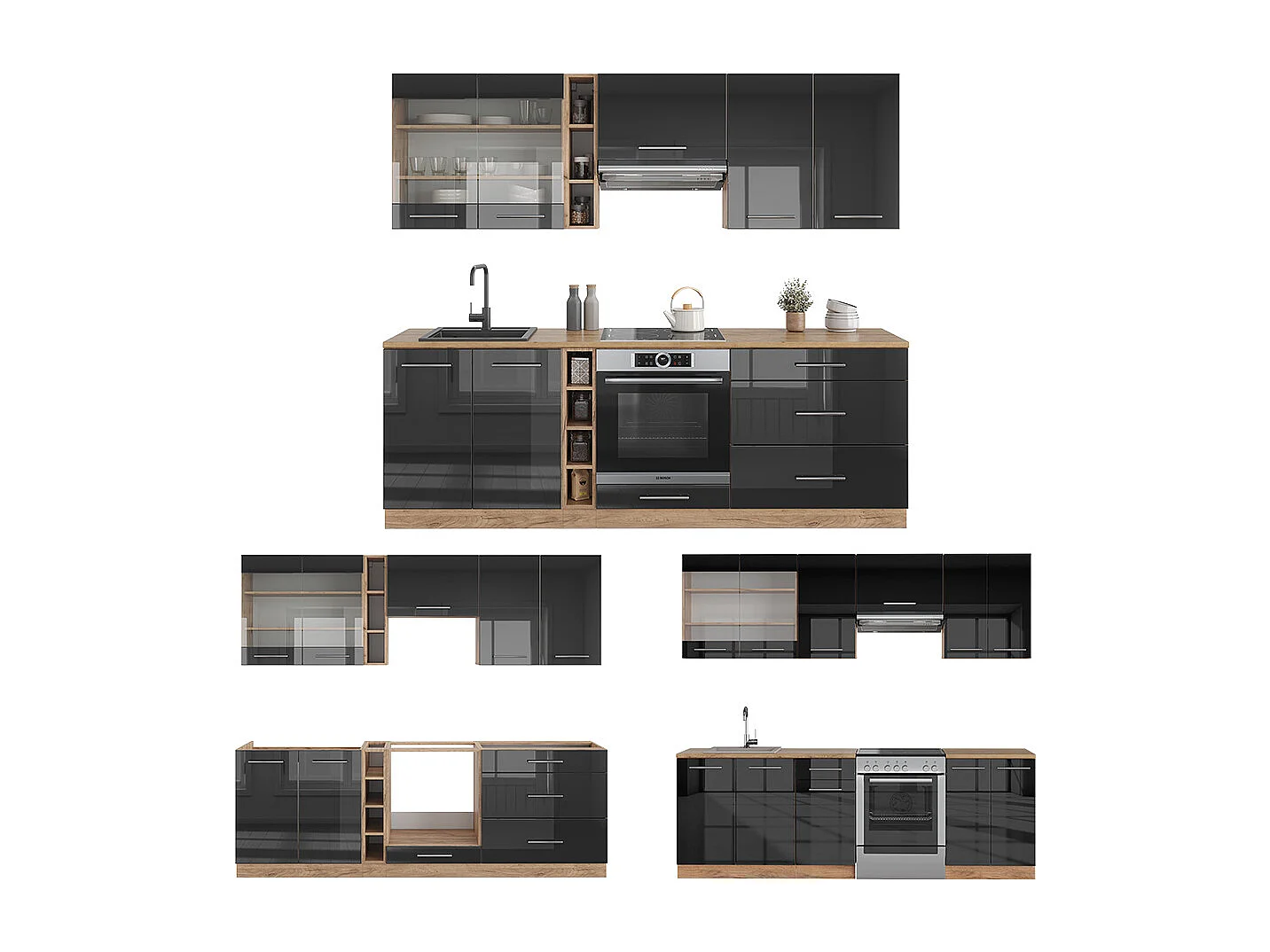 Køkkenrække antracit højglans/guld power oak 235x60x81.6 fame-line